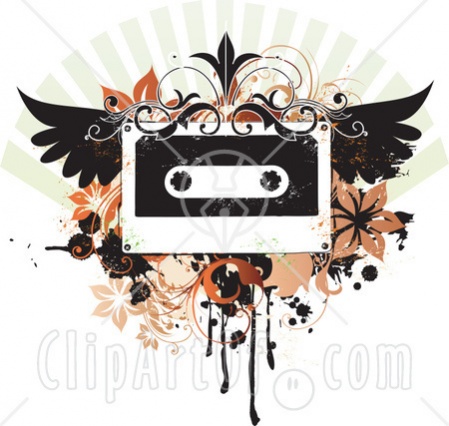 21698 Musical Clipart Picture Illustration Of A Winged Cassette Tape With Flourishes Flowers And Scrolls On A Grunge Background