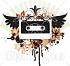 21698 Musical Clipart Picture Illustration Of A Winged Cassette Tape With Flourishes Flowers And Scrolls On A Grunge Background